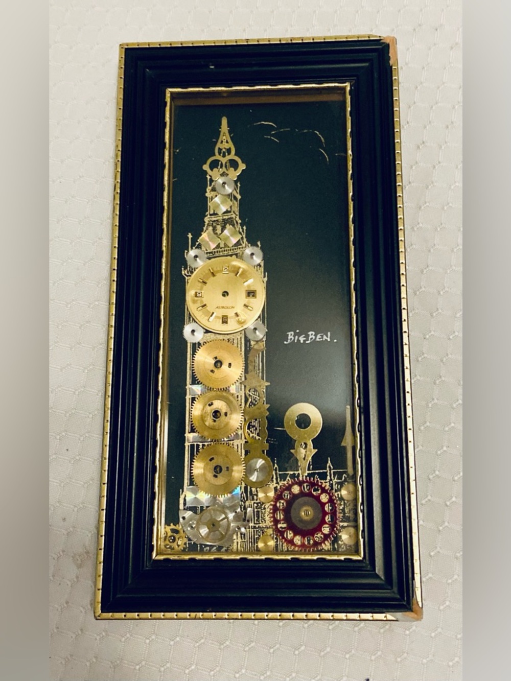 Original P. g. Collins Big Ben Wall Art. Mid Century old watch parts repurposed!